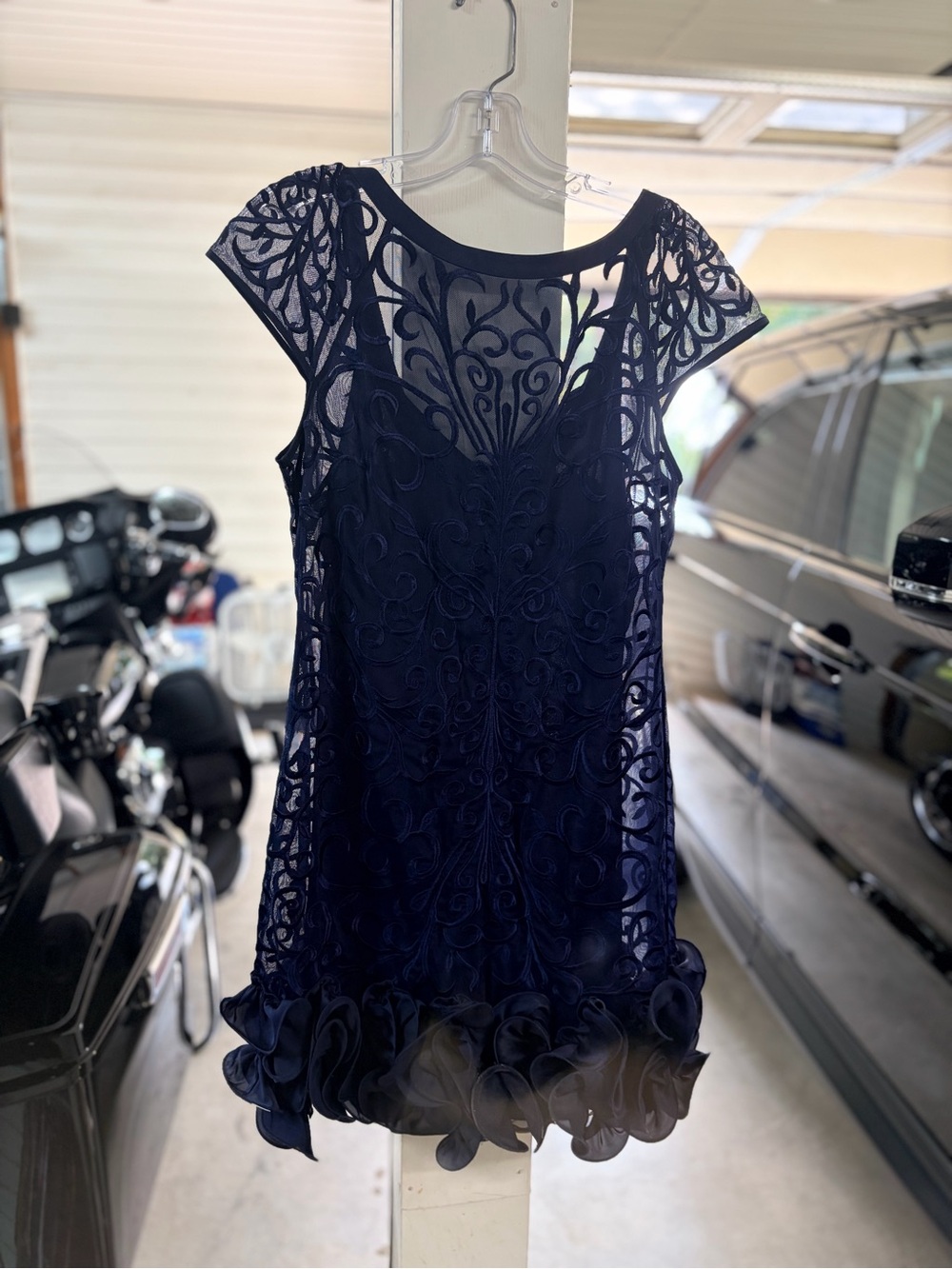 Women's Navy Lace Overlay Cocktail Dress with Ruffle Hem
